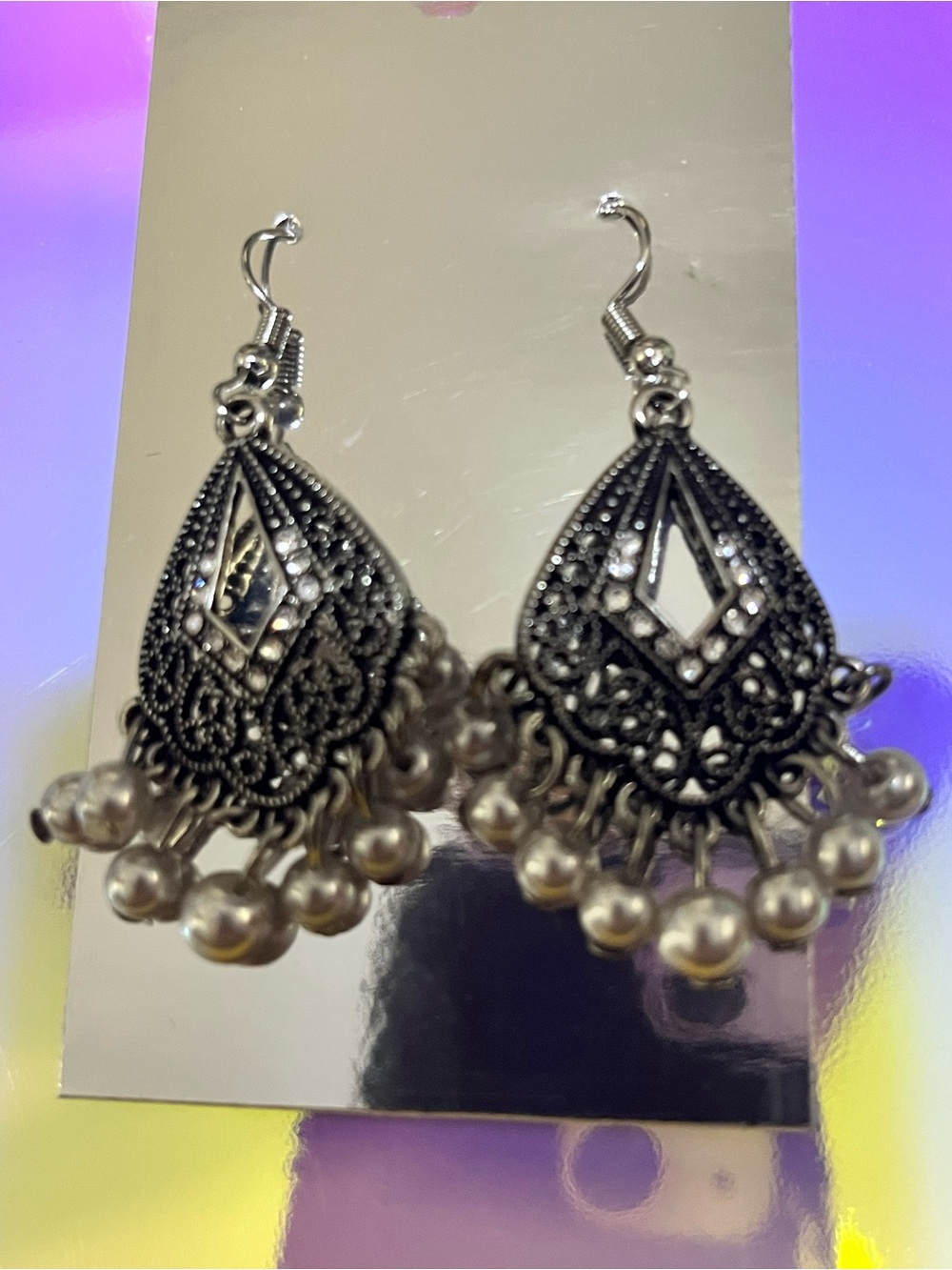 Source Unknown Silver Filigree Teardrop Earrings with Pearl Dangles